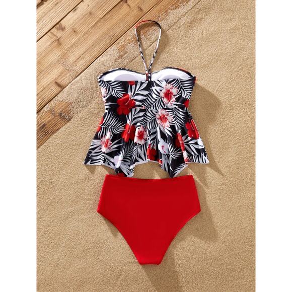 PatPat Tropical Red/White/Black Floral 2 Piece Women's Swimsuit XL - Picture 2 of 8
